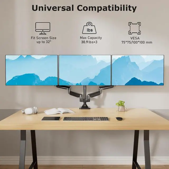 Alt view image 3 of 5 - HIPPOFLEX Triple Monitor Mount, 3 Desk Mount Monitor Stand for Screens Up to 32 inch, Hold up to 30.9lbs Each,Fully Adjustable Gas Spring Arm, Heavy-Duty C-Clamp Base, VESA 75x75/100x100