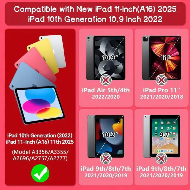 Alt view image 2 of 5 - Grifobes for iPad 11-inch (A16) 2025 / 10th Generation Case 10.9 inch 2022, iPad 11th / 10th Case with Pencil Holder Heavy Duty Rugged Protective Cover with Kickstand for Girls Kids Red+Black