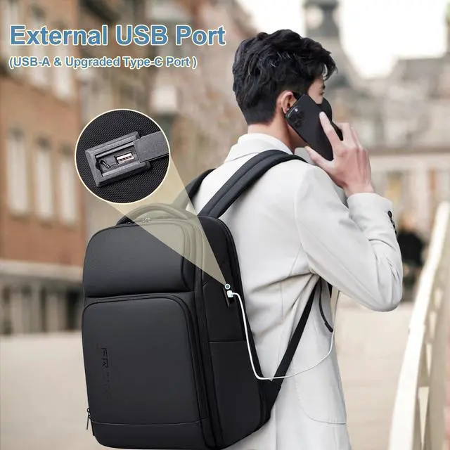 Alt view image 5 of 5 - FENRUIEN Business Laptop Backpack 17 Inch, Water Resistant Computer Backpack with Charger, Black Travel Backpack Laptop Bag for Men