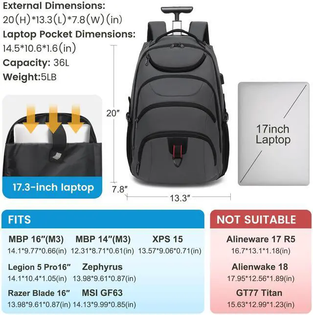 Alt view image 2 of 5 - Boavan Rolling Backpack,17 inch Water Resistant Wheeled Backpack,Carry on Luggage Business Bag, Overnight College Computer bag Trolley Suitcase for Men Women Adults to TravelGrey