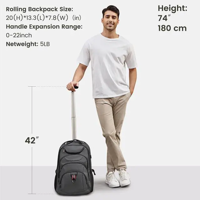 Alt view image 4 of 5 - Boavan Rolling Backpack,17 inch Water Resistant Wheeled Backpack,Carry on Luggage Business Bag, Overnight College Computer bag Trolley Suitcase for Men Women Adults to TravelGrey