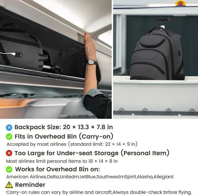 Alt view image 3 of 5 - Boavan Rolling Backpack,17 inch Water Resistant Wheeled Backpack,Carry on Luggage Business Bag, Overnight College Computer bag Trolley Suitcase for Men Women Adults to TravelGrey