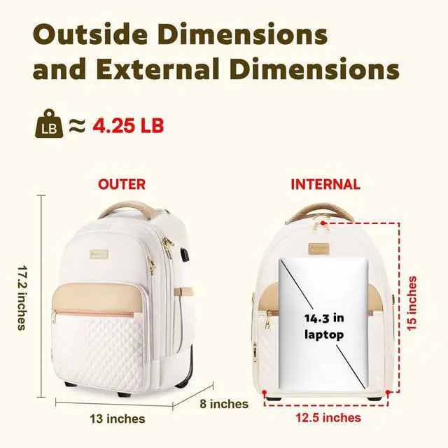Alt view image 5 of 5 - Arcoyard Small Rolling Backpack, Underseat Carry On Luggage With Wheels For Adults, 15.6 Inch Wheeled Backpack for Women, Travel Roller Bag, Beige