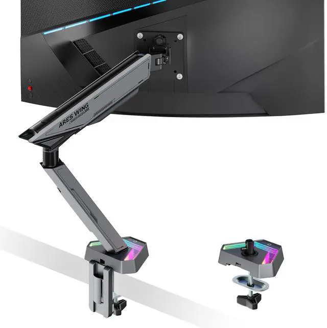Main image of ARES WING RGB Single Monitor Arm Desk Mount for 17-45 inches Flat and Curved Monitors, Holds 35.2 lbs Heavy Duty, Adjustable Ultrawide Monitor Arm with Clamp & Grommet Base, 75/100 VESA Mount, Gray