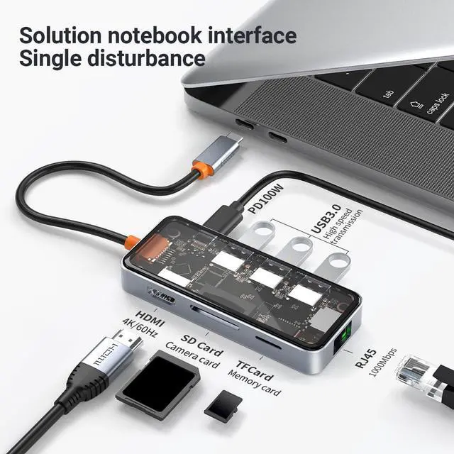 Alt view image 2 of 5 - DroiX NT8 Clear USB Hub with Ultra-Fast RJ45 Gigabit Ethernet, 4K HDMI 2.0 Output, Rapid 100W PD Charging, Versatile 3X USB Type-A 3.0 Ports, Dual Micro/SD Card Readers, Sleek Design.