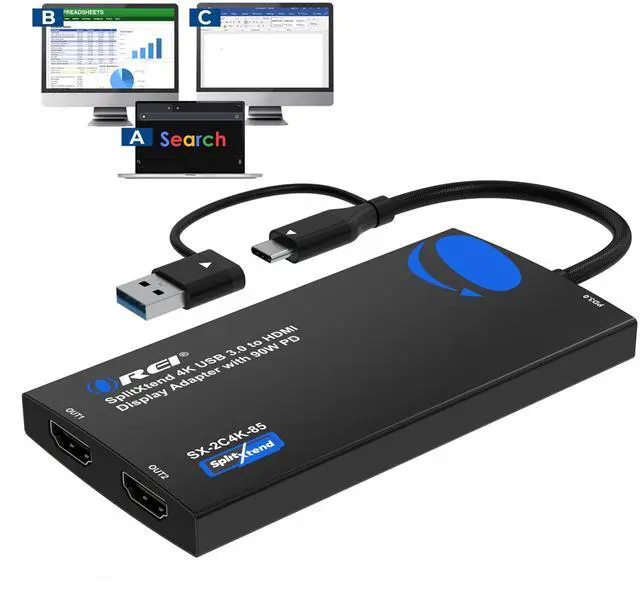 Main image of OREI SplitExtend 4K HDMI Splitter Extended Display for Dual Monitor - Multi-Monitor Display 3 Separate Screens - USB A & USB-C Adapter to HDMI 2.0, 4K@60hz, 90W PD Charger, DisplayLink MacOS, Windows