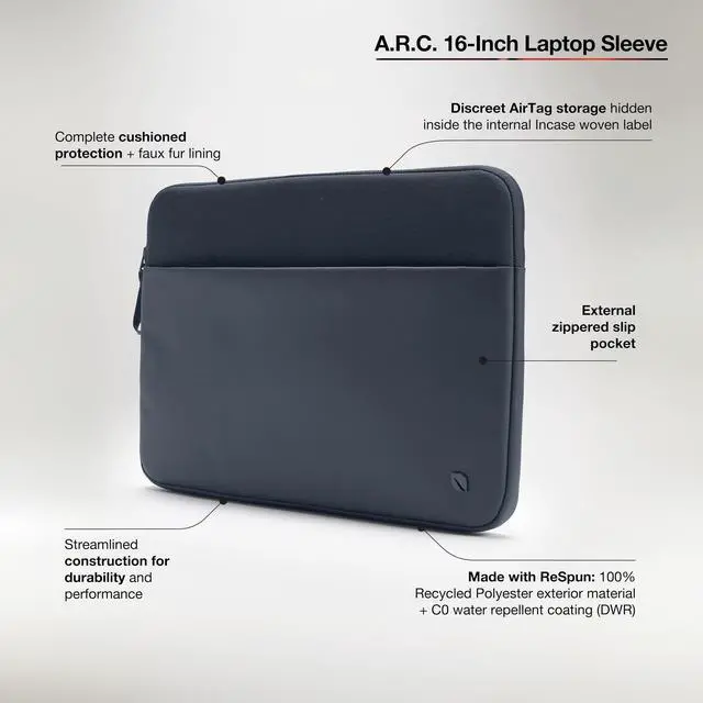 Alt view image 3 of 5 - Incase A.R.C. Sleeve with ReSpun Recycled Polyester - 15 inch and 16 inch MacBook/Laptop & iPad/Tablet Case - Cushioned Faux Fur Lining, External Zippered Slip Pocket - Navy