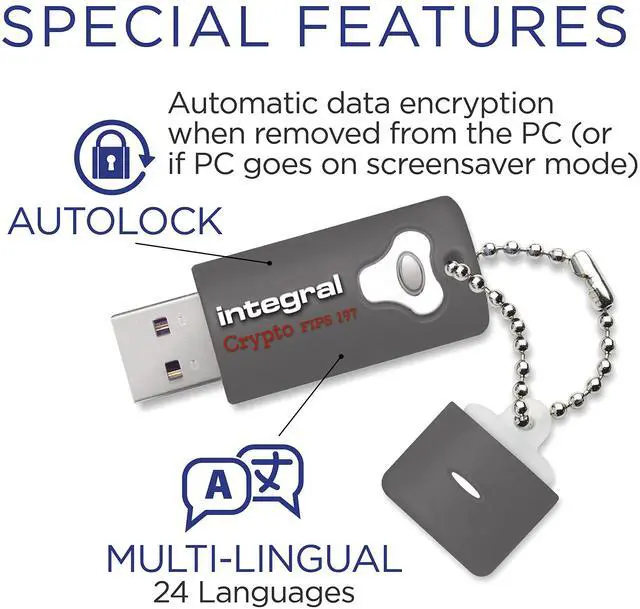 Alt view image 4 of 5 - Integral 64GB Crypto-197 256-Bit Hardware Encrypted 3.0 USB Secure Flash Memory Drive - Certified to FIPS 197, Brute-Force Password Attack Protection & Rugged Double-Layer Waterproof Design