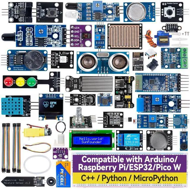 Main image of SunFounder Universal Maker Sensor Kit Compatible with Arduino Mega 2560/Uno R3/R4 Minima/WiFi Nano, Raspberry Pi 5/4B/3B+/Zero 2 W/, Pico W, ESP32, C++, Python, MicroPython, Beginners & Engineers