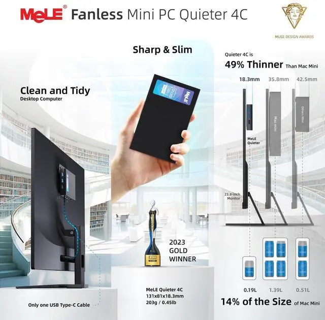 Alt view image 4 of 5 - MeLE Quieter4C Fanless Mini PC 12th Alder Lake N100 (up to 3.4GHz 4C/4T) 16GB LPDDR4x 512GB Storage Micro Desktop Computer, Support 4K Triple Display, Dual HDMI, All-in-One USB-C WiFi 5 BT5.1 Ethernet