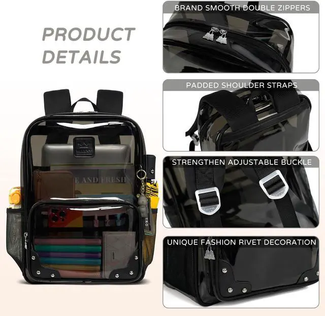 Alt view image 5 of 5 - Caoroky knight Clear Backpack Heavy Duty Transparent Laptop Backpacks 15.6 Inch See Through TPU Travel Daypack Large College Bookbag for Women Men Teens Girls Boys students-Black