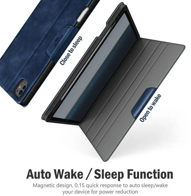 Alt view image 3 of 5 - Antbox for iPad Pro 11 Inch Case (M4) 2024, Built-in Pencil Holder, Fully Supports Pencil Pro/USB-C, Auto Sleep/Wake Function Vegan Leather (Blue)