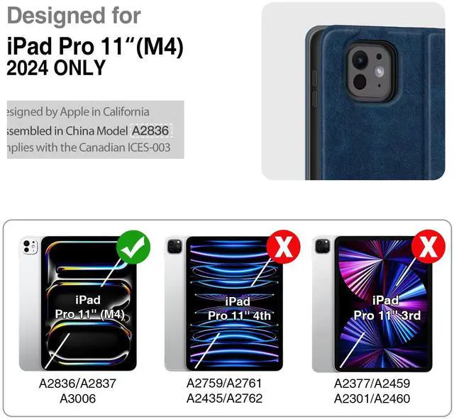 Alt view image 4 of 5 - Antbox for iPad Pro 11 Inch Case (M4) 2024, Built-in Pencil Holder, Fully Supports Pencil Pro/USB-C, Auto Sleep/Wake Function Vegan Leather (Blue)