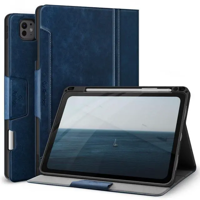 Main image of Antbox for iPad Pro 11 Inch Case (M4) 2024, Built-in Pencil Holder, Fully Supports Pencil Pro/USB-C, Auto Sleep/Wake Function Vegan Leather (Blue)