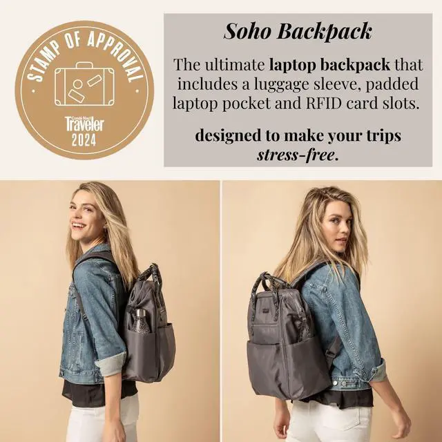 Alt view image 2 of 5 - Baggallini Soho Backpack - Travel Laptop Backpack for Women - Lightweight Water-Resistant Luggage Bag, Smoke/Faux Python
