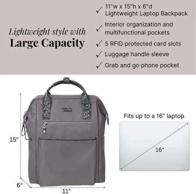 Alt view image 4 of 5 - Baggallini Soho Backpack - Travel Laptop Backpack for Women - Lightweight Water-Resistant Luggage Bag, Smoke/Faux Python
