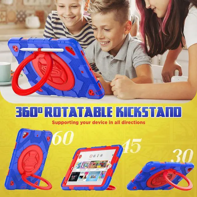 Alt view image 3 of 5 - SEYMAC stock Case for iPad 9th/ 8th/ 7th Generation 10.2 inch (2019-2021), Heavy Duty Shockproof Case with Screen Protector, 360 Rotating Handle Stand, Shoulder Strap, Pencil Holder,Blue+Red