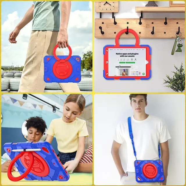Alt view image 5 of 5 - SEYMAC stock Case for iPad 9th/ 8th/ 7th Generation 10.2 inch (2019-2021), Heavy Duty Shockproof Case with Screen Protector, 360 Rotating Handle Stand, Shoulder Strap, Pencil Holder,Blue+Red