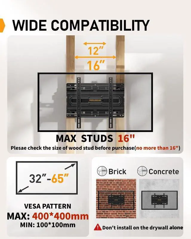 Alt view image 2 of 5 - Perlegear Full Motion TV Mount for 32-65 Inch TVs up to 99 lbs, Max VESA 400x400mm, Fits 16/12 Wood Studs, Height Adjustable Pre-Assembled TV Wall Mount, Tool-Free Tilt, Swivel & Extension, PGMF21