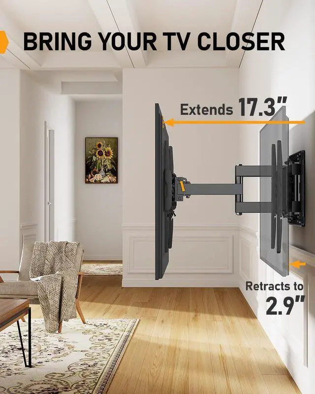 Alt view image 3 of 5 - Perlegear Full Motion TV Mount for 32-65 Inch TVs up to 99 lbs, Max VESA 400x400mm, Fits 16/12 Wood Studs, Height Adjustable Pre-Assembled TV Wall Mount, Tool-Free Tilt, Swivel & Extension, PGMF21