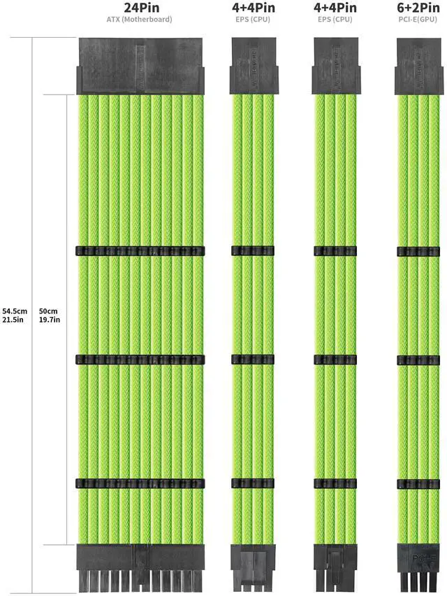 Alt view image 2 of 5 - upHere PSU Cable Extension kit Sleeved Cable Custom Power Supply Sleeved Extension 18 AWG 24-PIN 4+4 PIN 6+2 PIN with Combs- Green (19.7 inch / 50 CM),SC503