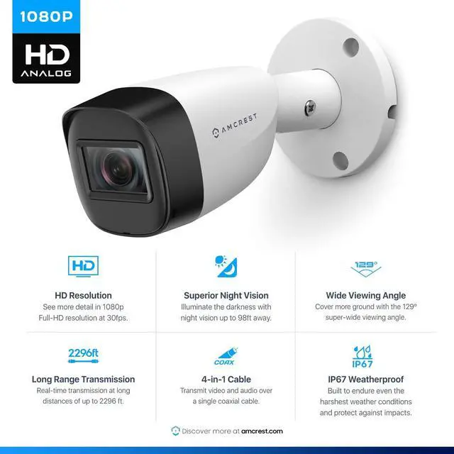 Alt view image 3 of 5 - Amcrest Full HD 1080P 1920TVL Bullet Outdoor Security Camera (Quadbrid 4in1 HD-CVI/TVI/AHD/Analog), 2MP 1920x1080, 129° FOV, White AMC1081BC28-W-V4