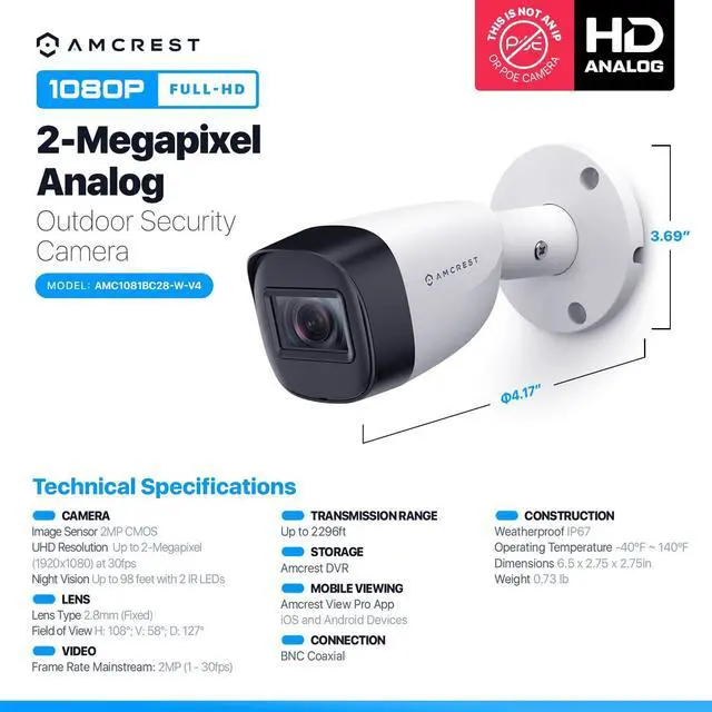 Alt view image 5 of 5 - Amcrest Full HD 1080P 1920TVL Bullet Outdoor Security Camera (Quadbrid 4in1 HD-CVI/TVI/AHD/Analog), 2MP 1920x1080, 129° FOV, White AMC1081BC28-W-V4