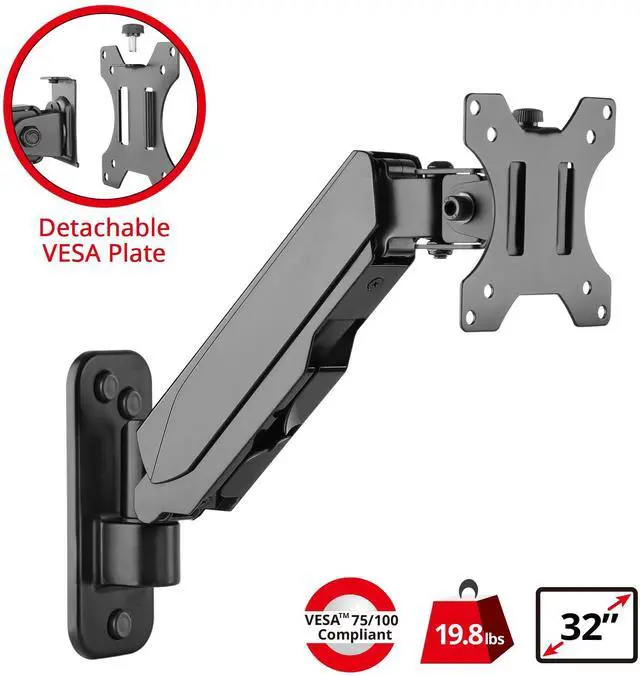Alt view image 2 of 5 - SIIG Aluminum Gas Spring Full Motion Ergonomic Single Arm Monitor Wall Mount - Heavy Duty Holds 17" to 32" Screen, up to 19.8 lbs - Single VESA 75/100m
