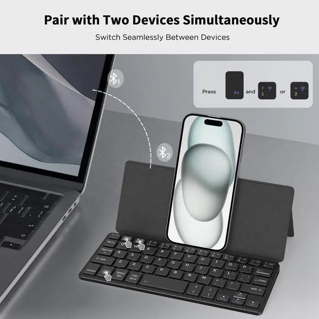 Alt view image 2 of 5 - CACOE Wireless Keyboard with Stand, Mini Keyboard for Cell Phone, Ultra-Slim Portable, Foldable, Dual-Channel QWERTY with Stand Holder for Smartphone and More iOS Android Windows, Black