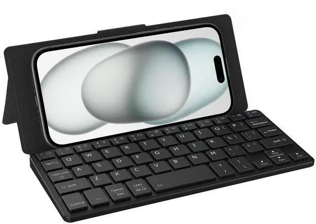 Main image of CACOE Wireless Keyboard with Stand, Mini Keyboard for Cell Phone, Ultra-Slim Portable, Foldable, Dual-Channel QWERTY with Stand Holder for Smartphone and More iOS Android Windows, Black