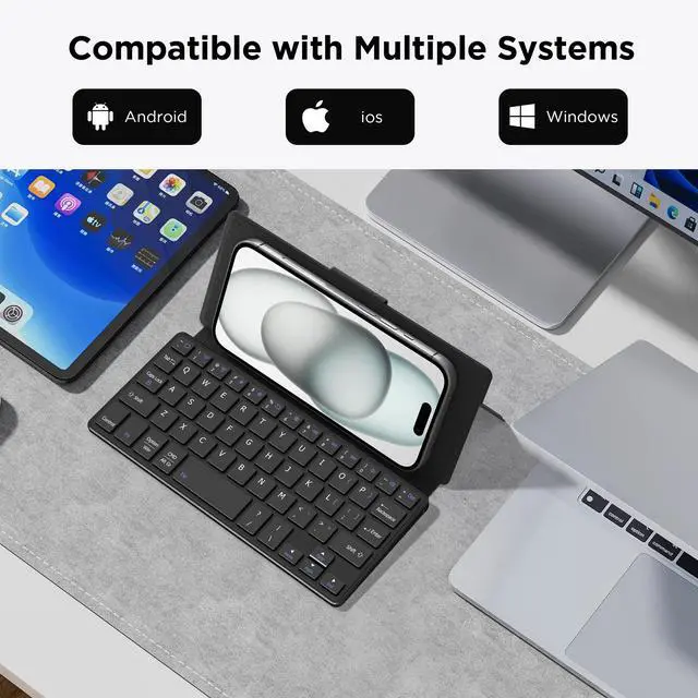 Alt view image 3 of 5 - CACOE Wireless Keyboard with Stand, Mini Keyboard for Cell Phone, Ultra-Slim Portable, Foldable, Dual-Channel QWERTY with Stand Holder for Smartphone and More iOS Android Windows, Black