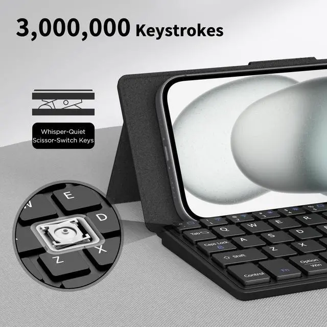 Alt view image 5 of 5 - CACOE Wireless Keyboard with Stand, Mini Keyboard for Cell Phone, Ultra-Slim Portable, Foldable, Dual-Channel QWERTY with Stand Holder for Smartphone and More iOS Android Windows, Black