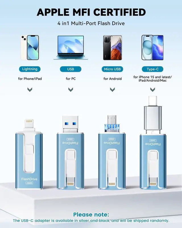 Alt view image 2 of 5 - MFi Certified 256GB Flash Drive for iPhone iPad, Photo Stick for External Memory Storage, Easily Back Up and Save Photos Videos, USB Memory Stick Thumb Drive for iPhone/iPad/Android/PC (Blue, 256GB)