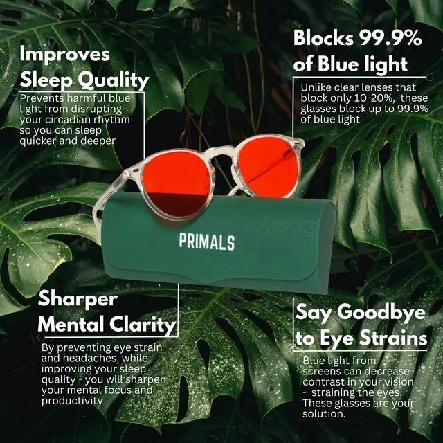 Alt view image 2 of 5 - PRIMALS Blue Light Blocking Glasses - Extra Strength - Blocks 99.9% Blue Light - Improves Sleep & Focus - Computer/Gaming/TV/Phones - (Red Lens + Clear Frame)