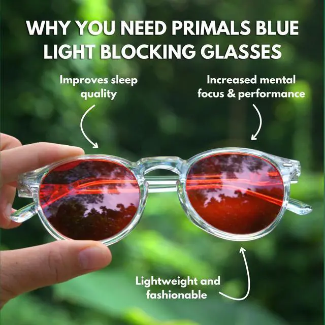 Alt view image 4 of 5 - PRIMALS Blue Light Blocking Glasses - Extra Strength - Blocks 99.9% Blue Light - Improves Sleep & Focus - Computer/Gaming/TV/Phones - (Red Lens + Clear Frame)