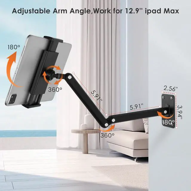 Alt view image 3 of 5 - Tablet Wall Mount Holder for ipad,Portable Monitor Stand Mount for 15.6''Max,Aluminum Alloy 360°Adjustable Foldable Tablet Holder for Kindle,Work for 4.7''-12.9" iPad Pro Air Mini,Galaxy Tab,Tablets