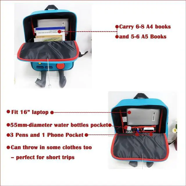 Alt view image 3 of 5 - BeeMore Cartoon Robot Travel Laptop Cute Backpack Blue PU Robot Animal BeeMore Finn Jake Adventure Trip Backpack Water Resistant College Computer Bag Gift for Men & Women Fits 15.6 Inch Notebook