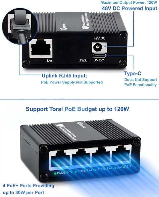 Alt view image 5 of 5 - Atroodac 5 Ports Gigabit PoE+ Mini Ethernet Switch - 4 PoE+ @ 120W With 1 Uplink Port, 802.3at Enhanced Protection, Unmanaged Network Switch, Plug & Play, Sturdy Metal Housing, Desktop Design