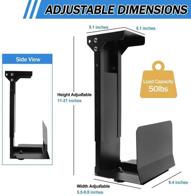 Alt view image 3 of 5 - Heavy Duty Computer Wall Mount PC Case - Upgraded, Also Great for PC Mount Under Desk - Height Adjustable from 11" to 21", Width Adjustable from 5.5" to 9.8", Computer Tower Under Desk Home Office