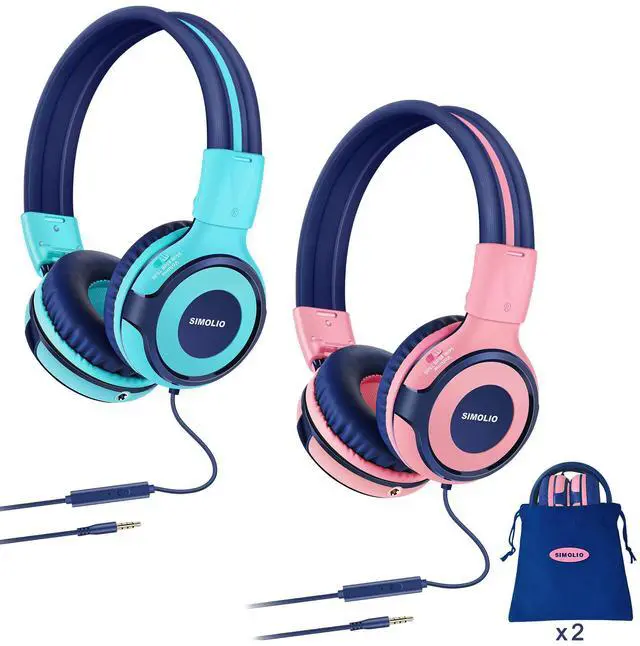 Main image of SIMOLIO 2 Pack Headphones for Kids with Mic, 75dB/85dB/94dB Safe Volume Limit, Wired School Headphones for Girls Boys Children Tablet Laptop Travel with Audio Share Function (Mint,Pink)
