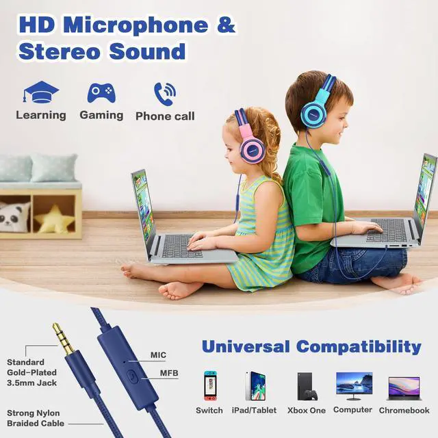 Alt view image 5 of 5 - SIMOLIO 2 Pack Headphones for Kids with Mic, 75dB/85dB/94dB Safe Volume Limit, Wired School Headphones for Girls Boys Children Tablet Laptop Travel with Audio Share Function (Mint,Pink)