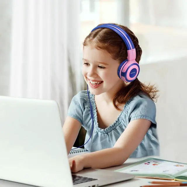 Alt view image 3 of 5 - SIMOLIO 2 Pack Headphones for Kids with Mic, 75dB/85dB/94dB Safe Volume Limit, Wired School Headphones for Girls Boys Children Tablet Laptop Travel with Audio Share Function (Mint,Pink)
