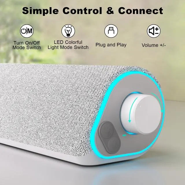 Alt view image 3 of 4 - SOULION R50 Bluetooth Computer Speakers for Desktop PC Monitor White,Wired USB Powered 3.5mm Aux PC Speakers Sound Bar,4 Modes LED Lights with Switch Button,Surround Sound Soundbar for Computer