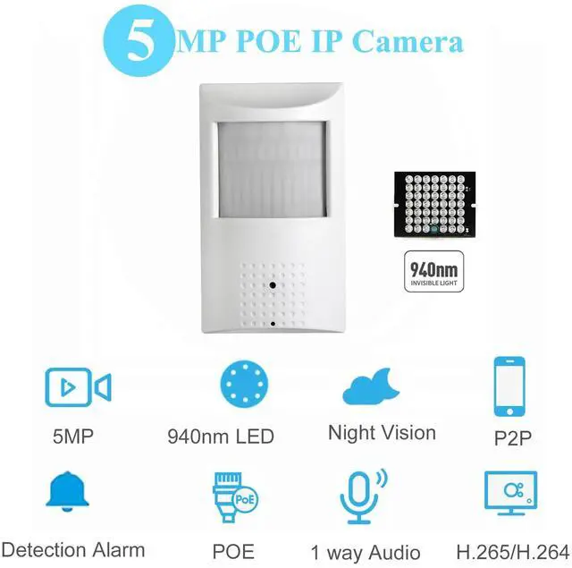 Alt view image 2 of 5 - REVODATA HD 5MP PIR 940nm Invisible LED POE IP Camera Built in Micro-Phone,3.7mm Lens 80° View Day and IR Night Vision CCTV Indoor Security Camera,P2P H.265 Motion Detection (IPIR-P-A-HS)