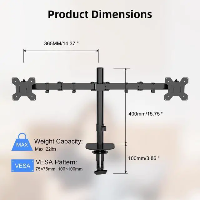 Alt view image 3 of 5 - Pholiten Dual Monitor Stand,Heavy Duty Adjustable Monitor Desk Mount for 2 Screens up to 38Inches,Dual Monitor Arm with Height Adjustable Tilt Swive Rotate,Holds up to 22 lbs