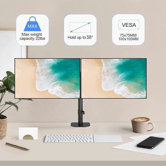 Alt view image 2 of 5 - Pholiten Dual Monitor Stand,Heavy Duty Adjustable Monitor Desk Mount for 2 Screens up to 38Inches,Dual Monitor Arm with Height Adjustable Tilt Swive Rotate,Holds up to 22 lbs