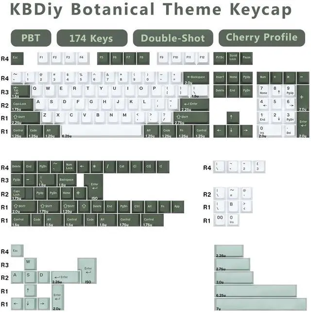 Alt view image 2 of 5 - KBDiy Botanical PBT Double Shot Keycap Set,174 Keys Green Keycaps Cute Keycaps 60 Percent Cherry Profile Key caps for 61/64/68/84/87/100/104/108 Mechanical Keyboard