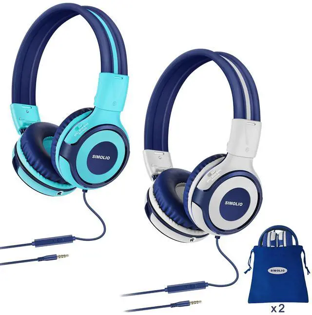 Main image of SIMOLIO 2 Pack Wired Headphones for Kids School with 75dB/85dB/94dB Volume Limited & Mic, Foldable Children Headphones with Share Port for Boys/Girls/Travel/Plane/Tablet/iPad/Kindle (Mint,Grey)