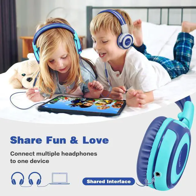 Alt view image 4 of 5 - SIMOLIO 2 Pack Wired Headphones for Kids School with 75dB/85dB/94dB Volume Limited & Mic, Foldable Children Headphones with Share Port for Boys/Girls/Travel/Plane/Tablet/iPad/Kindle (Mint,Grey)