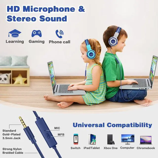 Alt view image 5 of 5 - SIMOLIO 2 Pack Wired Headphones for Kids School with 75dB/85dB/94dB Volume Limited & Mic, Foldable Children Headphones with Share Port for Boys/Girls/Travel/Plane/Tablet/iPad/Kindle (Mint,Grey)